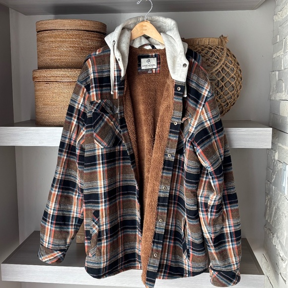 Plaid Button DownJacket Hoodie Sherpa Lining - Brown/Blue/Orange - Picture 1 of 8
